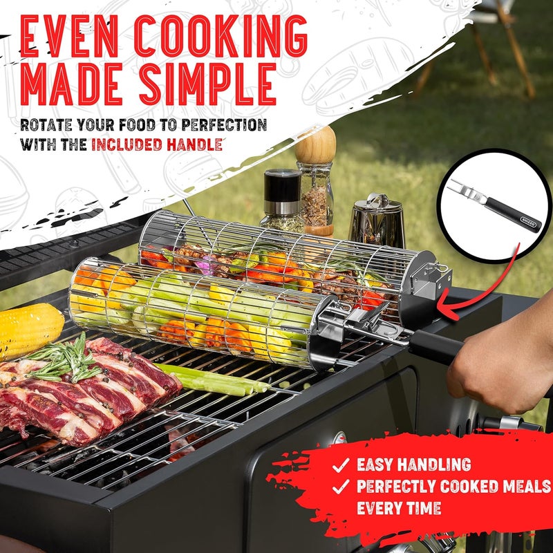 SHIZZO Rolling Grill Basket, New Opening Design, Extra Sturdy Cylinder Grilling Basket, Food Grade Stainless Steel, Large Portable Outdoor Camping accessories BBQ Net Rack, Cooking Griller for Fish, Vegetables, and More - Gifts for Men Dad Husband - Set of 2 - Image 2